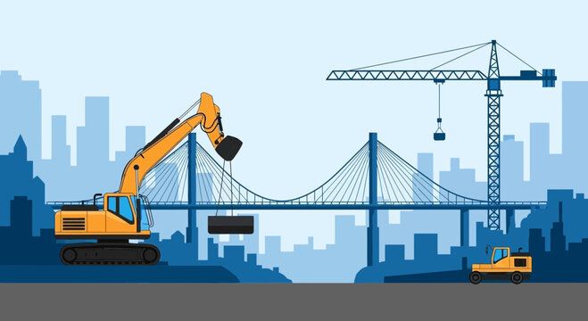 Urban Construction Scene Depicting Modern Bridge Building, Heavy Equipment