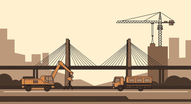 Urban Construction Site: Elevated Bridge Project and Cityscape Silhouette Design
