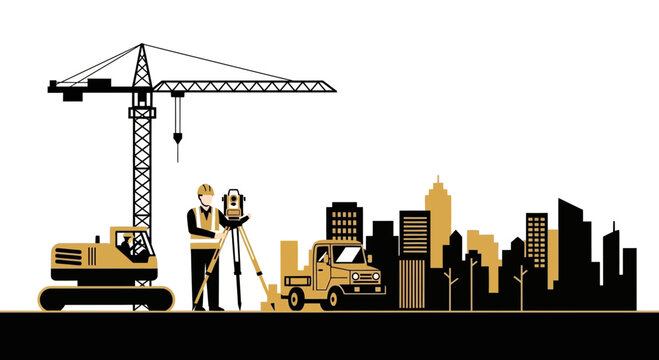 Urban Construction Site Illustrated With Crane, Building, Truck, And Architect Surveying