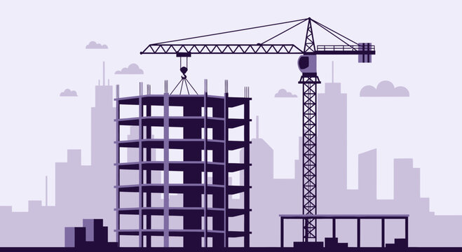 Urban Construction Site With Crane and Building Under Development in a Modern City
