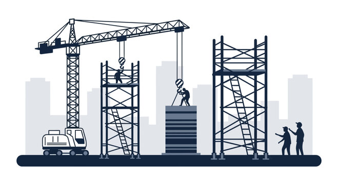 Urban Construction Site Schematic Depicting Building, Machinery, And Labor Activities