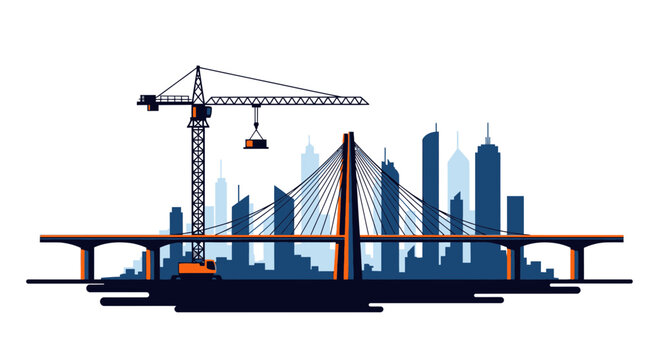 Urban Development Depiction: Crane, Cityscape, and Architectural Bridge Vector Illustration.
