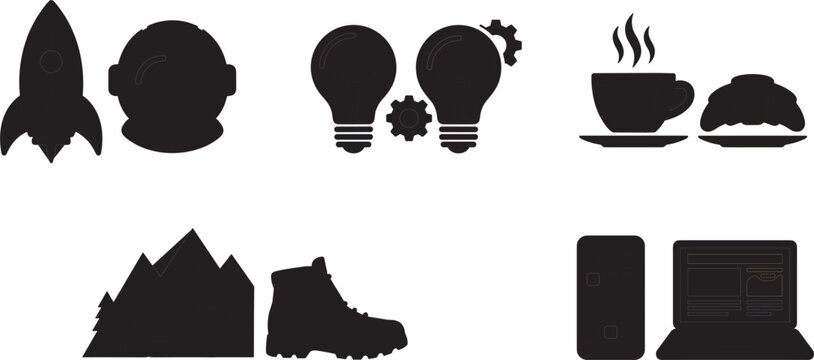 Minimalist black vector icon set featuring business strategy rocket creative lightbulb ideas coffee break morning croissant hiking adventure mountains computer laptop and smartphone concepts