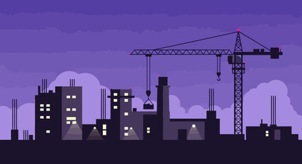Obraz premium Urban Landscape at Dusk Featuring Industrial Structures and Construction Cranes