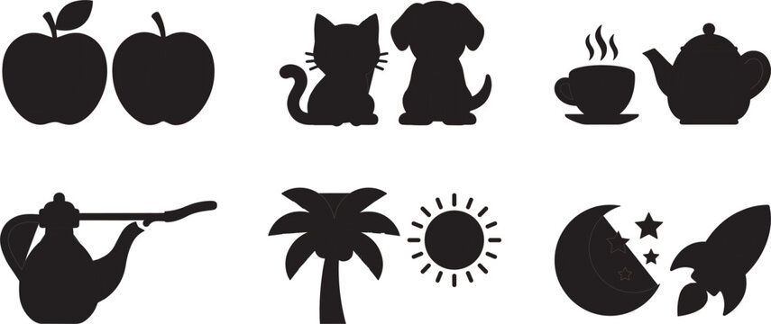 Minimalist solid black graphic icon set showcasing a whole apple half slice cartoon cat dog couple morning tea coffee pots sunny palm tree and night moon rocket