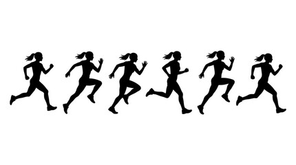 Fototapeta premium Six people running side by side in a straight line with motion fluidity and dynamic movement captured in a single frame on a track
