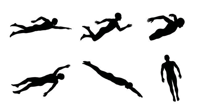 People are diving and jumping in various poses in the air with one standing still