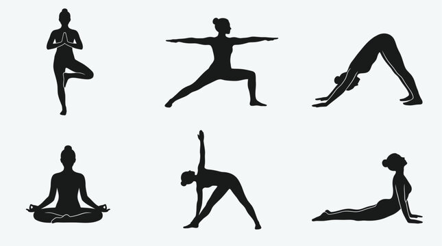A set of six yoga poses performed by a woman in various balance and stretching positions on a neutral background