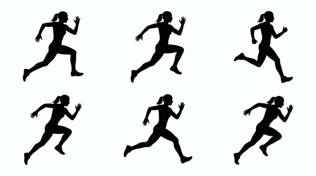 Six silhouettes of people running in different poses on a plain background.
