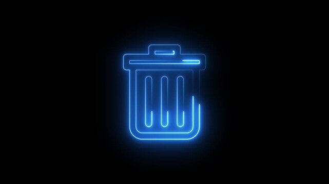 Neon Blue Trash Can Glowing Outline on Black Background recycling bin wastebasket