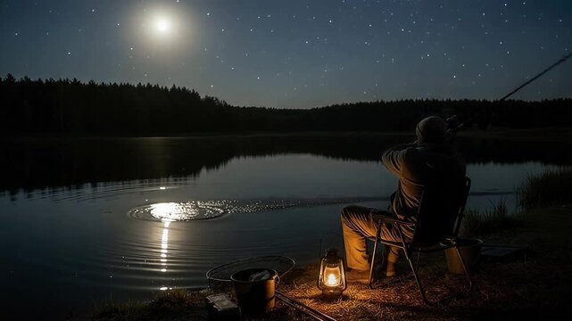 Man fishing at night by moonlight. Fisherman sitting in chair with rod by calm lake. Lantern lighting forest shore. Peaceful evening hobby and recreation activity.