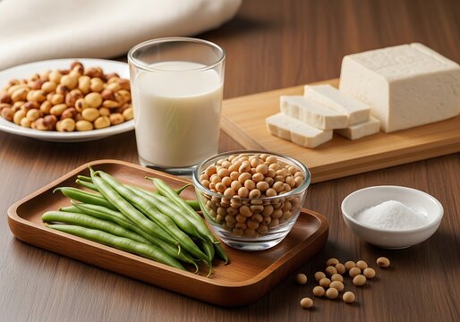Healthy natural foods including soybeans green beans milk tofu and nuts