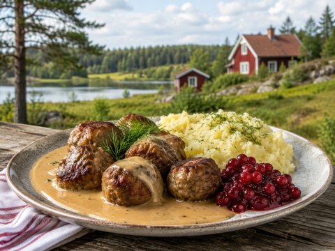 Schwedische K&ouml;ttbullar vor idyllischer Seenlandschaft
Klassisch angerichtete K&ouml;ttbullar mit Kartoffelp&uuml;ree und Preiselbeeren in einer schwedischen Naturlandschaft am See.