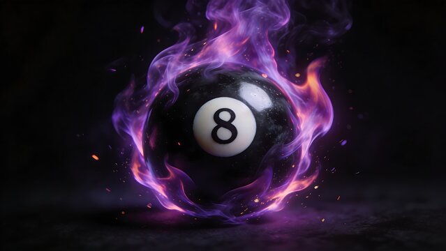 A billiard ball number eight in mysterious purple flames against a black background.