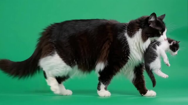 Mother cat carrying her small kitten in her mouth while walking across a green screen