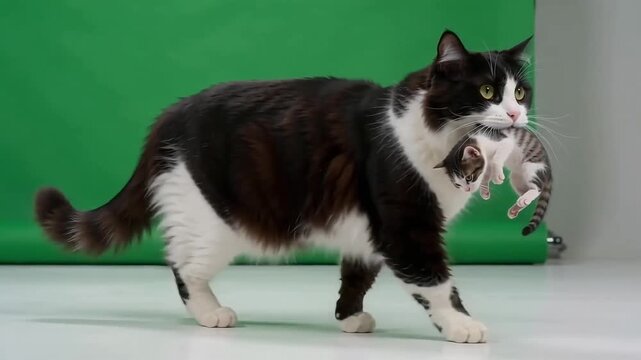Mother cat carrying her small kitten in her mouth while walking across a green screen