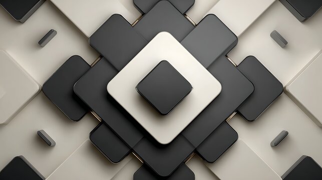 Geometric composition of stacked black and white square tiles creating a layered 3d depth