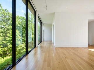 Fototapeta premium A minimalist room featuring large glass windows in a modern house with bright natural lighting.