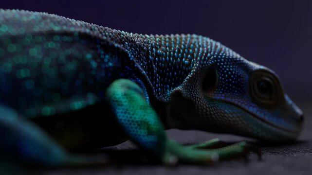 Lizard green with yellow spots resting on a dark surface with detailed scales featuring reptile, macro shot, close-up with nature and wildlife