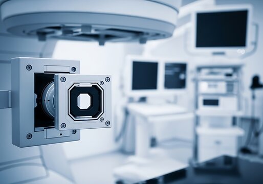A modern linear accelerator machine positioning for radiation therapy in a sterile oncology clinic.
