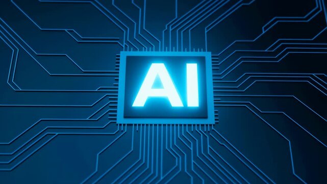 Microchip with blue circuit board lines and connections on dark background featuring technology, electronic, computer with hardware and digital