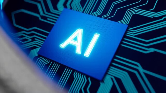 Circuit board macro shot with glowing AI label on dark technology background, futuristic electronic design concept