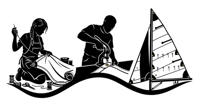 Traditional sailmaker stitching canvas cloth with needle near worker punching metal grommets with manual eyelet press machine and complete sailboat sail vector silhouette illustration set