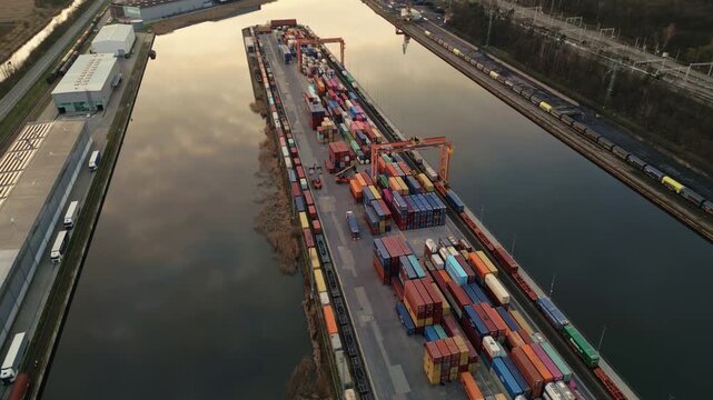 Aerial forward flight over the container terminal at Gliwice port, Poland. Working cranes handle cargo next to freight trains and water.