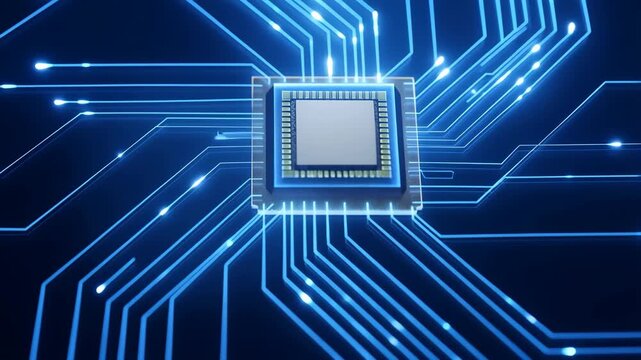 Microchip with glowing blue circuits and connections on a dark background featuring chip, integrated circuit, electronic component with technology