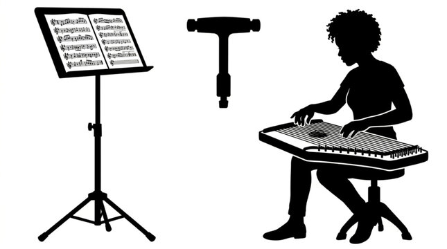 Traditional woman musician playing autoharp zither next to T-handle tuning wrench key and sheet music notebook on adjustable tripod stand vector silhouette illustration set