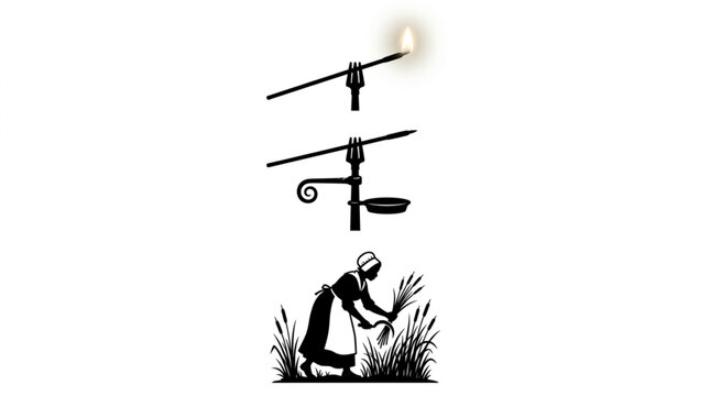 Traditional rushlight making infographic with historical split rush holder stand burning tallow wood splint next to peasant woman harvesting common rushes with sickle tool vector silhouette set