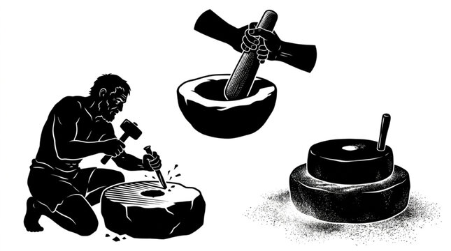 Traditional stonemason carving millstone with hammer and chisel next to hands crushing grain in mortar and complete vintage stone hand quern flour mill silhouette vector illustration set