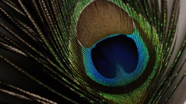 Peacock feather with vibrant green, blue, and gold colors, macro shot with eye-like pattern featuring close-up, plumage, bird with wildlife and