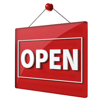 3D Red Open Sign Hanging from a Pin on White Background