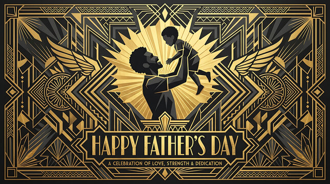 Art deco father's day graphic father holding son aloft arms raised greeting