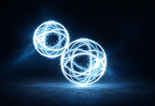 Futuristic glowing blue spiral orbs floating in dark space