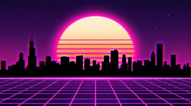 Neon cityscape at dusk with pink and yellow sunset and grid floor