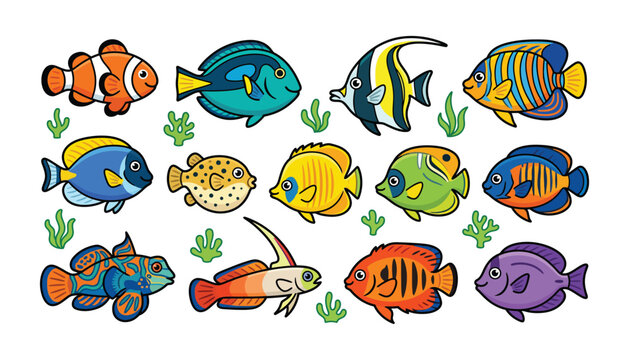 Twelve detailed tropical reef fish illustrations arranged in rows featuring diverse colors and unique body shapes.