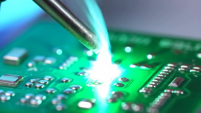 Soldering iron applying heat to a circuit board with green glowing solder featuring electronics, welding, metalwork with DIY and electronics assembly