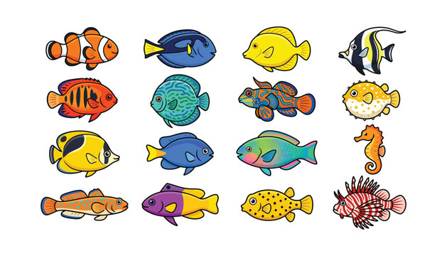 Set of colorful cartoon tropical fish isolated on white background, different species of exotic sea creatures.