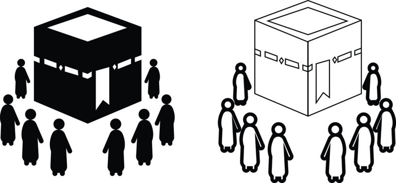 Tawaf e Kaaba icon set with Muslim pilgrims circling holy Kaaba in solid and outline styles isolated on transparent background