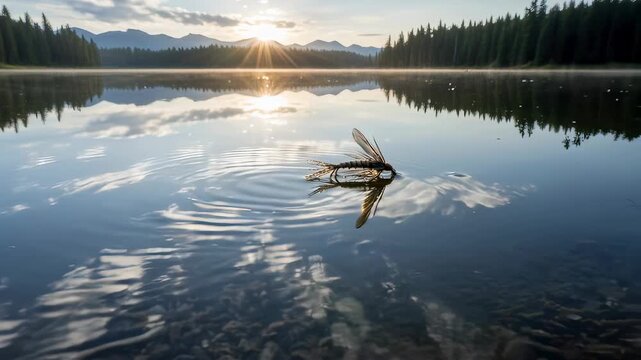 Artificial fly lure floating on calm mountain lake water at sunrise. Detailed lure cast on surface of rippling pond. Fly fishing gear in natural landscape light.