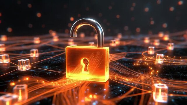 Glowing unlocked padlock on a digital grid in luminous tech style over dark background, symbolizing cybersecurity risk