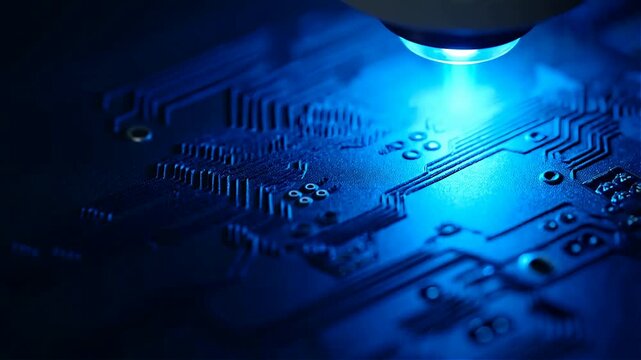 Circuit board with blue light shining on electronic components and pathways featuring microchip, technology, computer hardware with electronics and