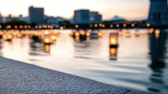 Numerous traditional paper lanterns with soft glowing lights drift on the tranquil river surface, reflecting the peaceful evening sky during a poignant memorial event