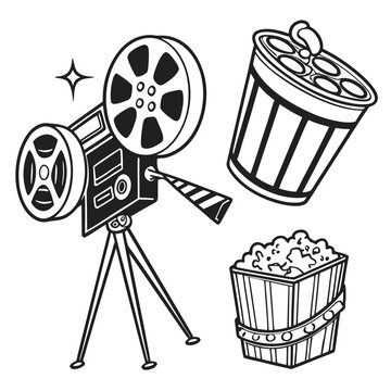 Movie camera with popcorn and film reel illustration entertainment container
