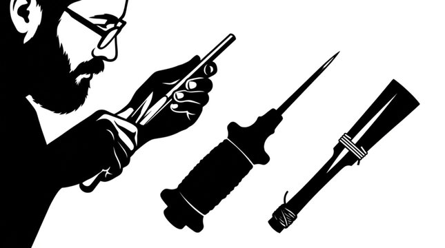 ​Traditional bookbinder stitching spine with awl needle tool near vintage book binding repair equipment and thread spool silhouette vector illustration set