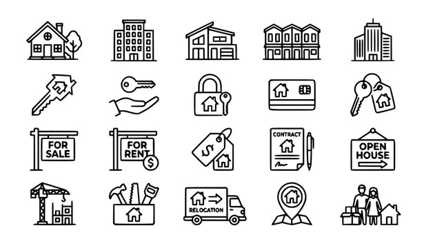 Real estate line icon collection flat vector illustration isolated housing property concept