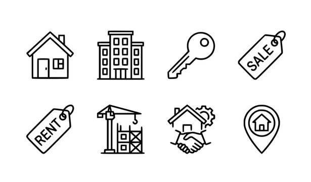 Minimal real estate outline icon set flat vector illustration isolated property design