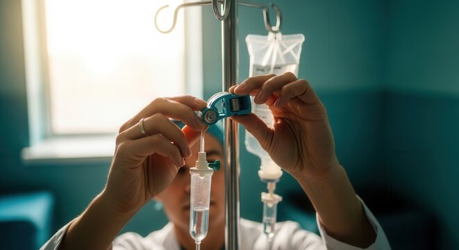 Medical Professional Preparing Intravenous Drip System in Brightly Illuminated Room